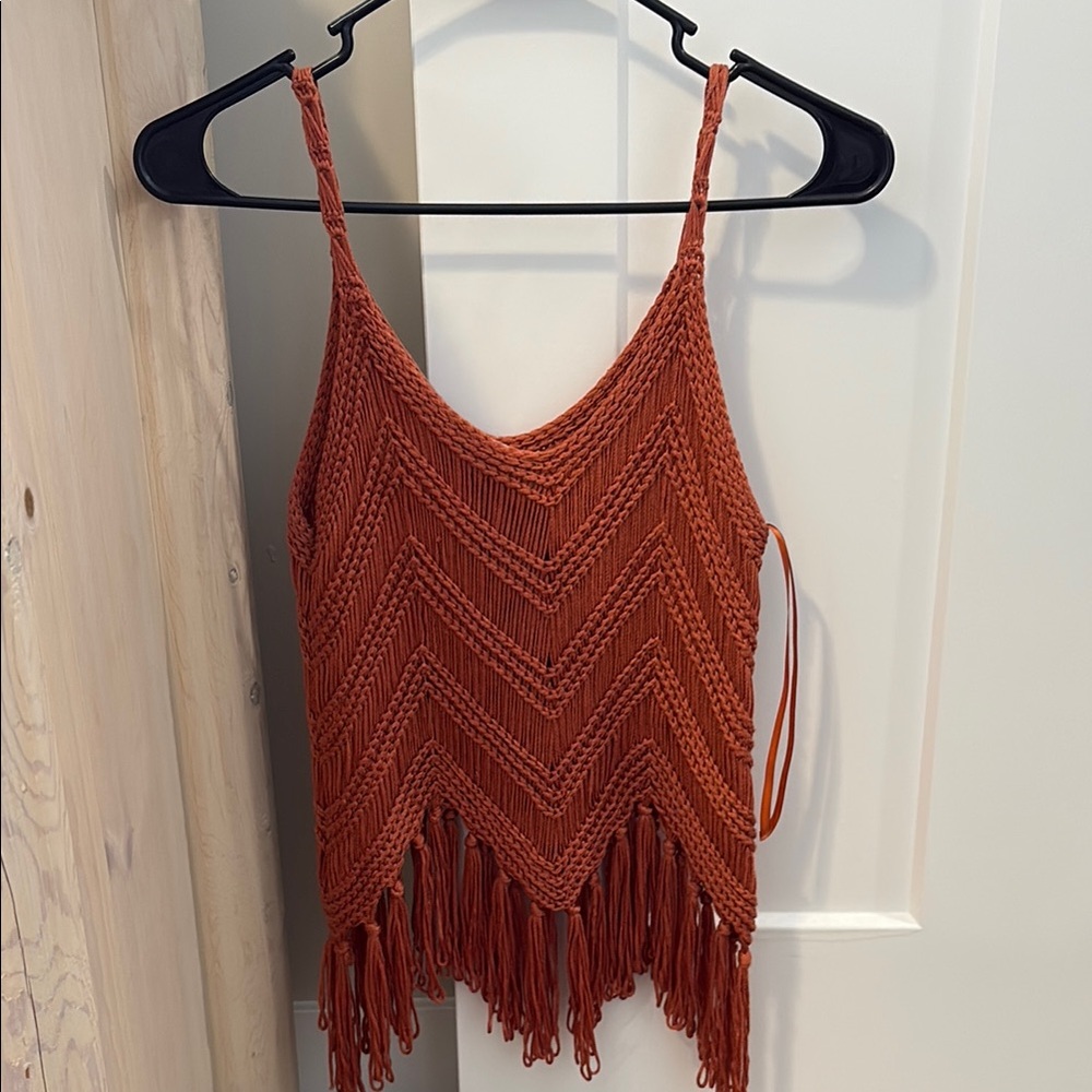 Fringe Hem Chevron Knit Top - Rust